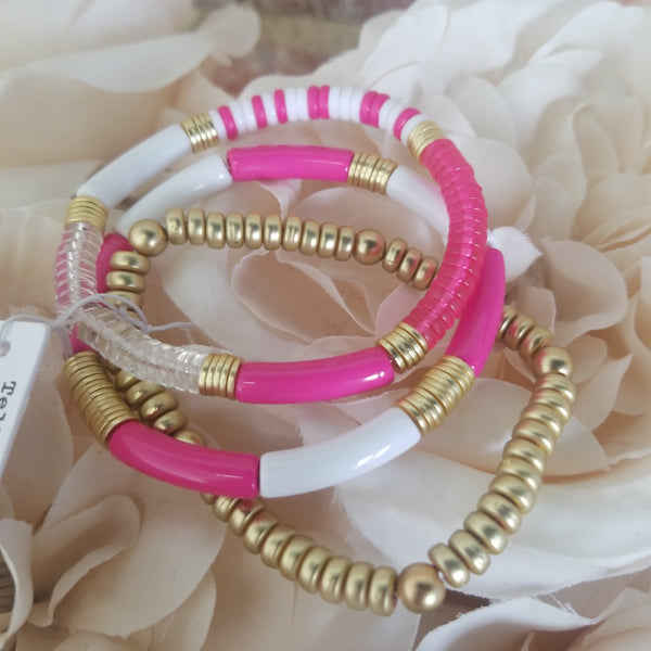 Gold/Pink/Clear Bead Bracelet Set