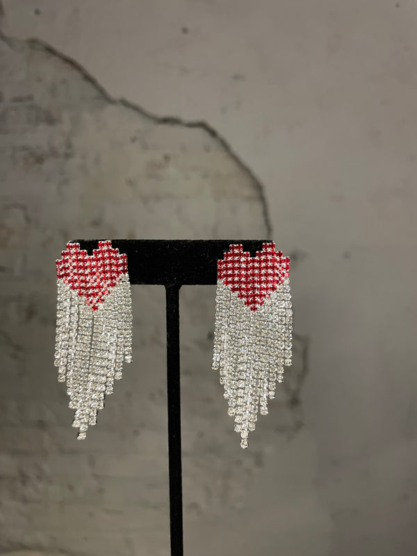 Silver & Red Crystal Heart Tassel Earrings