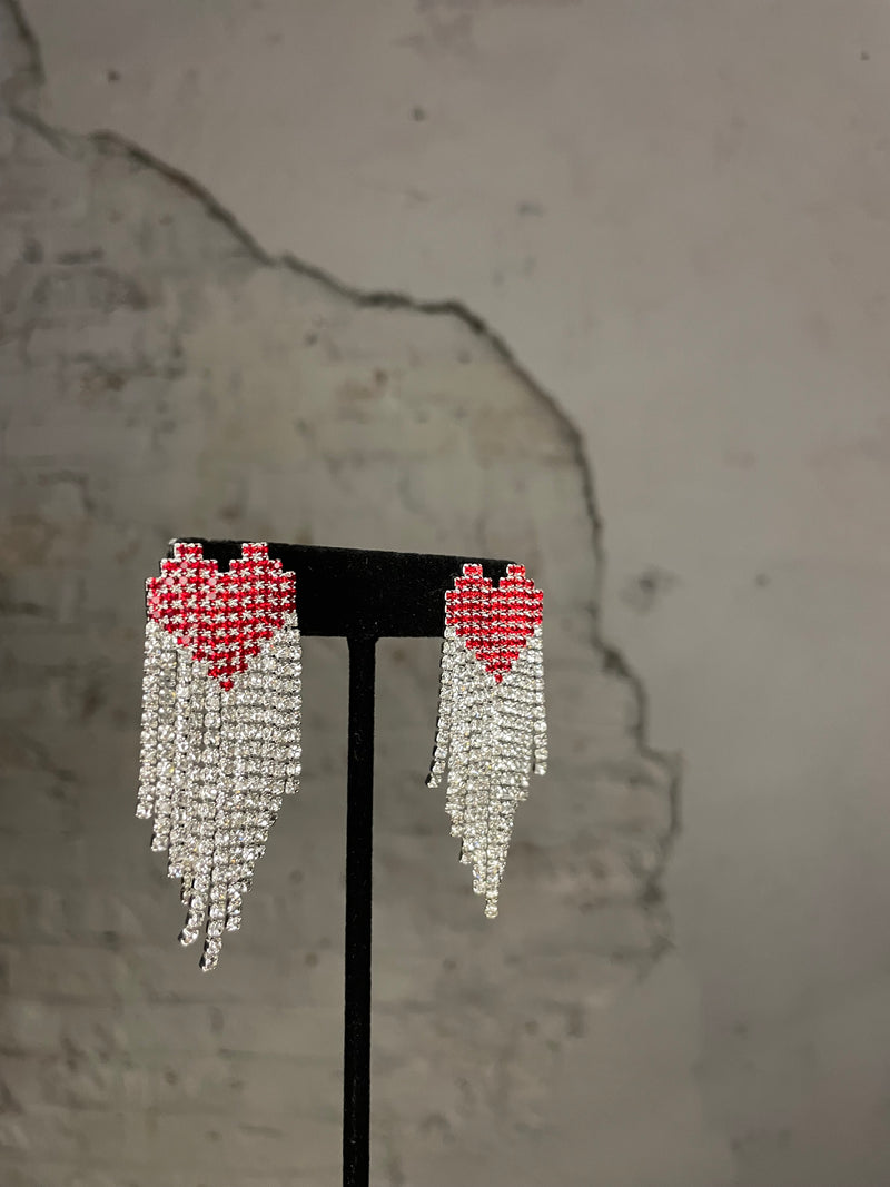 Silver & Red Crystal Heart Tassel Earrings