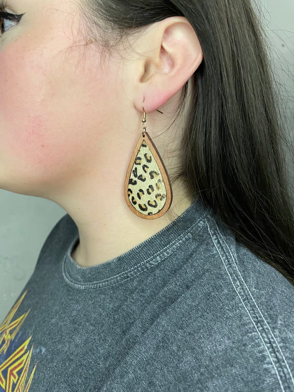 Leopard and Wood Teardrop Earrings