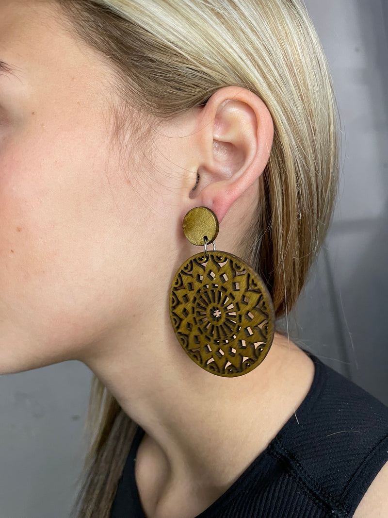 Wooden Aztec Print Circular Earrings