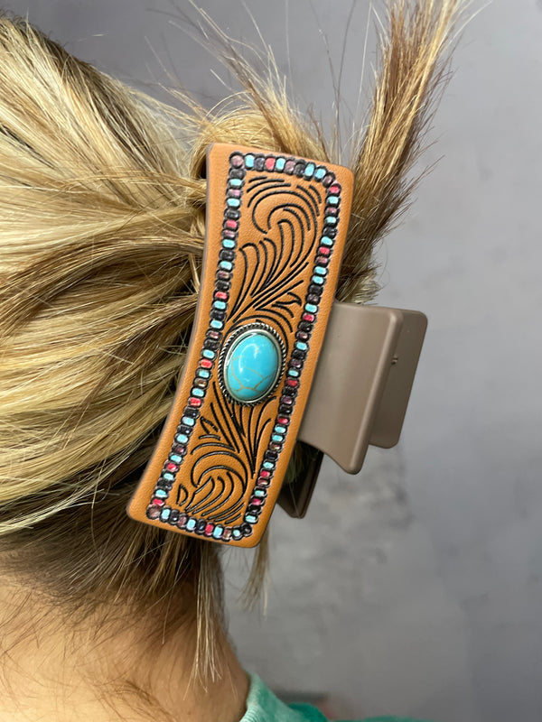 Oval Turquoise Stone Leather Claw Clip