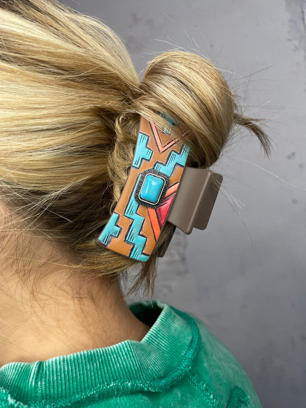 Aztec Print Leather Claw Clip