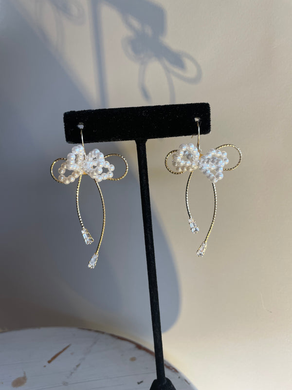 Pearl & Textured Wire Bow Earrings