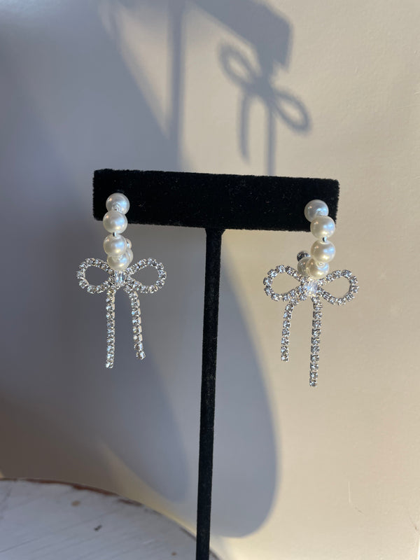 Linked Crystal Bow & Pearl Earrings