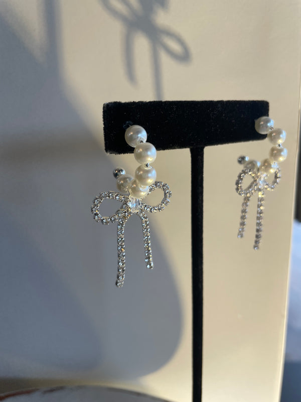 Linked Crystal Bow & Pearl Earrings