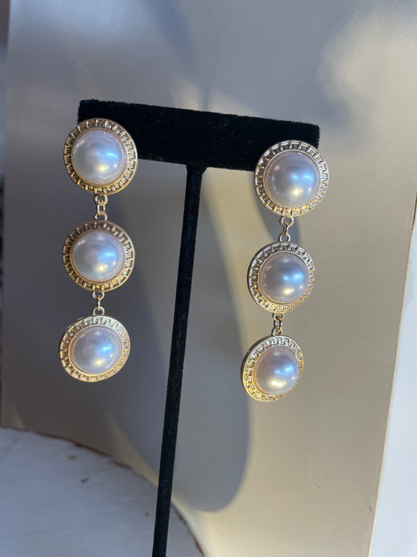 Pearl & Oriental Textured 3 Drop Earrings