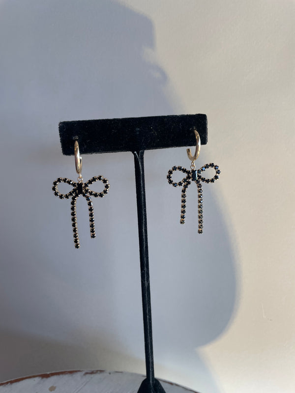 Gold Hoop & Black Bow Drop Earrings
