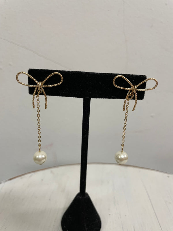 Gold Bow Dangle Earrings with Pearl