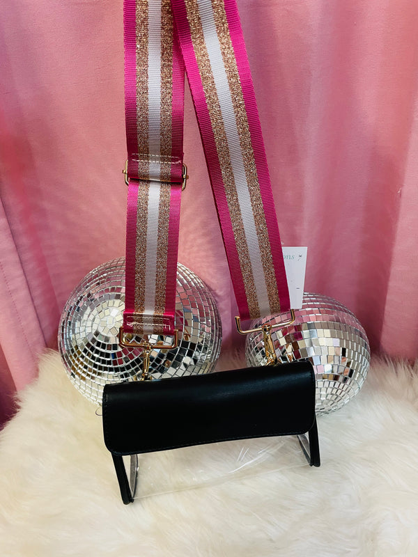 Black and Clear Crossbody with Pink/Gold Guitar Strap