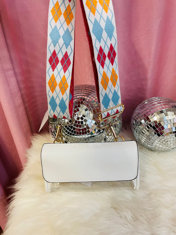 White and Clear Crossbody with White, Orange, and Blue Guitar Strap