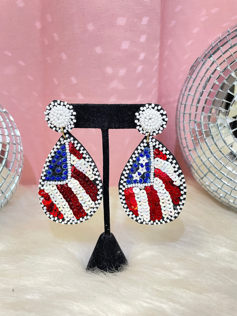 American Flag Seed Bead Teardrop Earrings