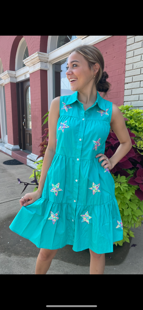 Mint Sleeveless Star Sequin Dress