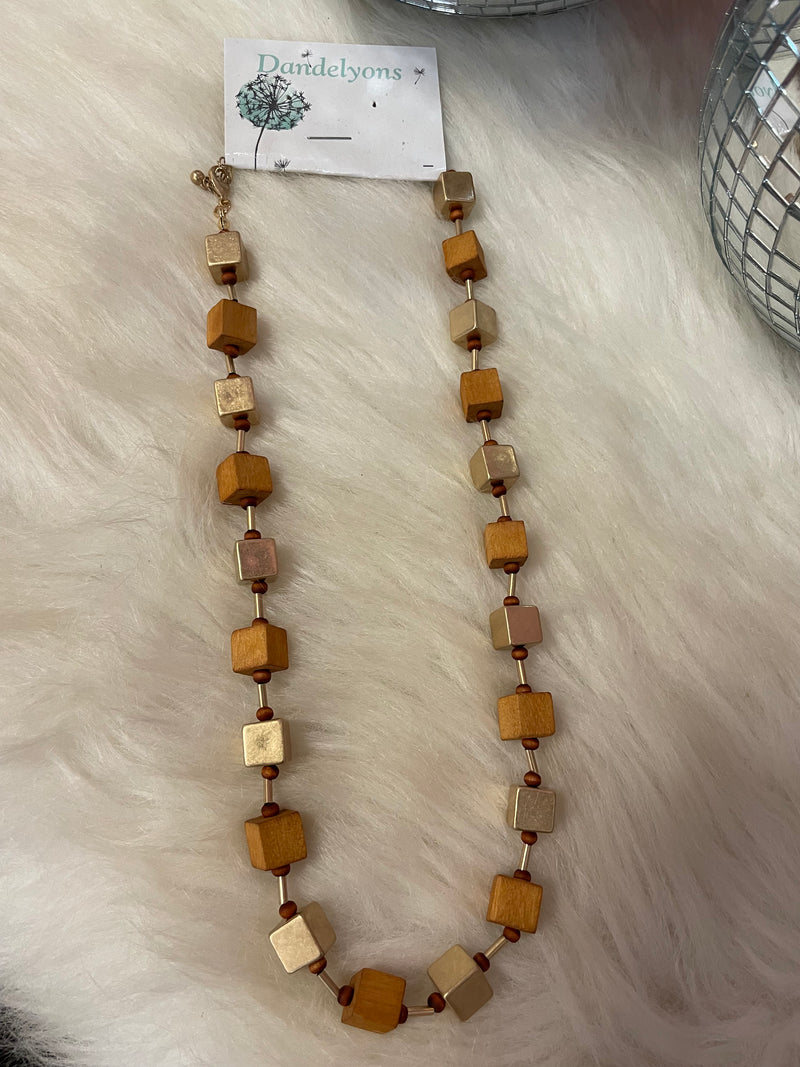 Wooden and Gold Block Necklace and Earrings Set