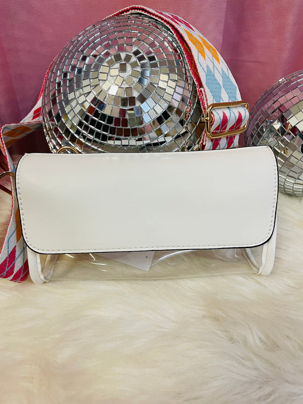 White and Clear Crossbody with White, Orange, and Blue Guitar Strap
