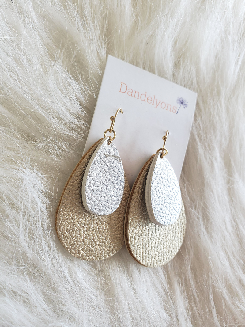 Teardrop Gold and Silver Leather Dangle Earring