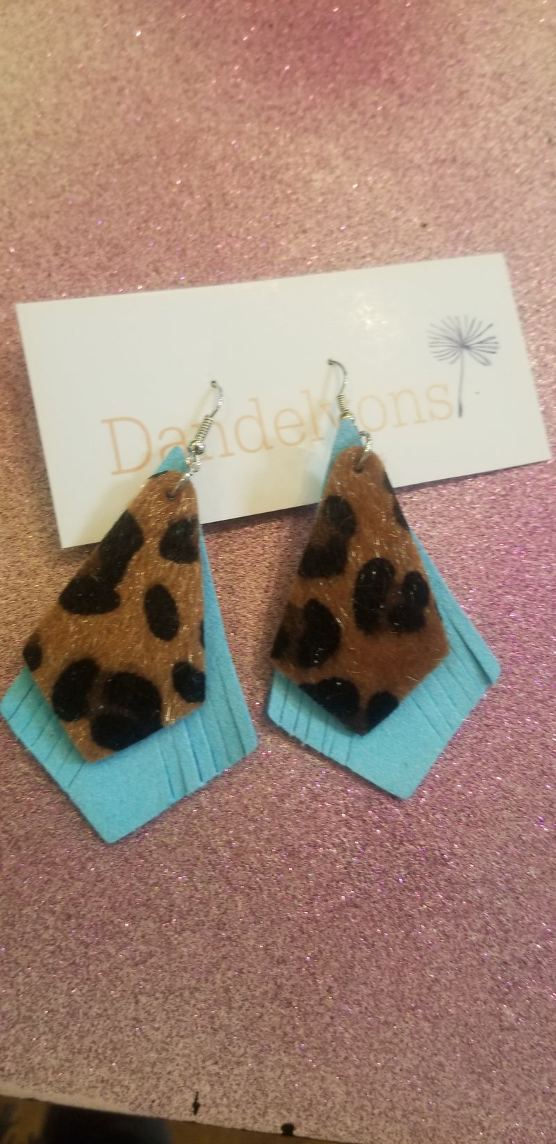 Leopard And Turquoise Faux Leather Layered Earrings
