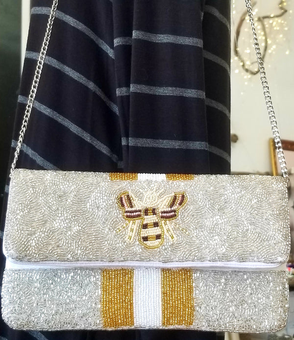 Bee and Line Flap Over Beaded Clutch