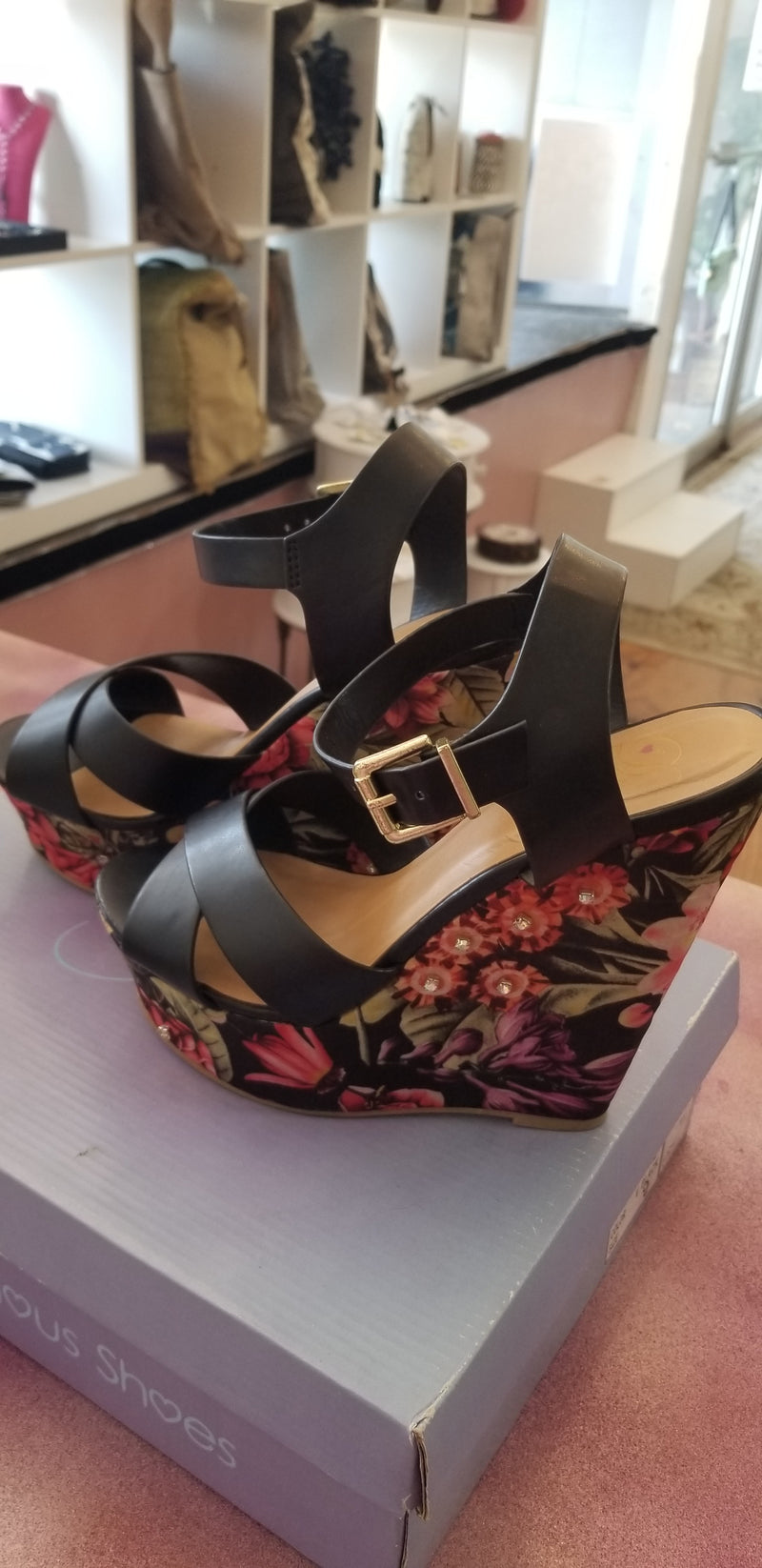 Black floral heels