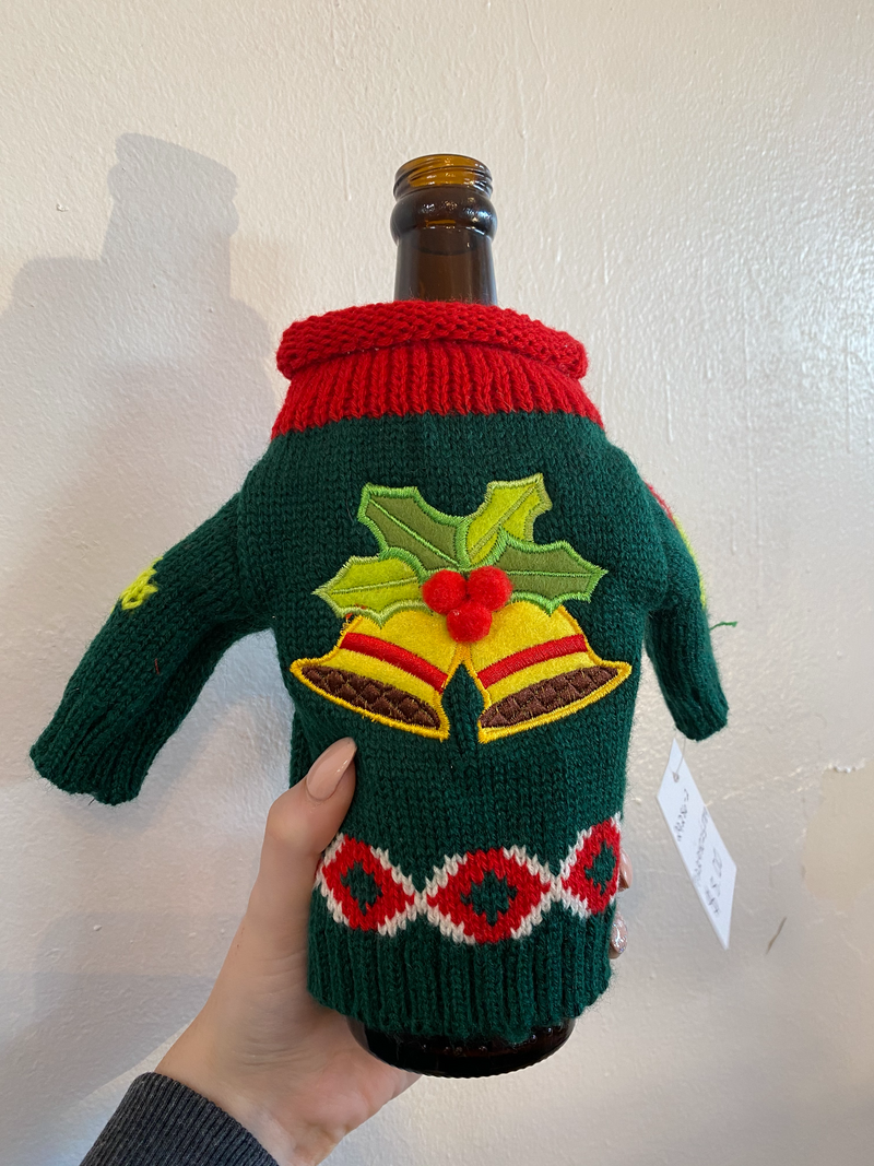 Bells with Holly Ugly Sweater Bottle Holder