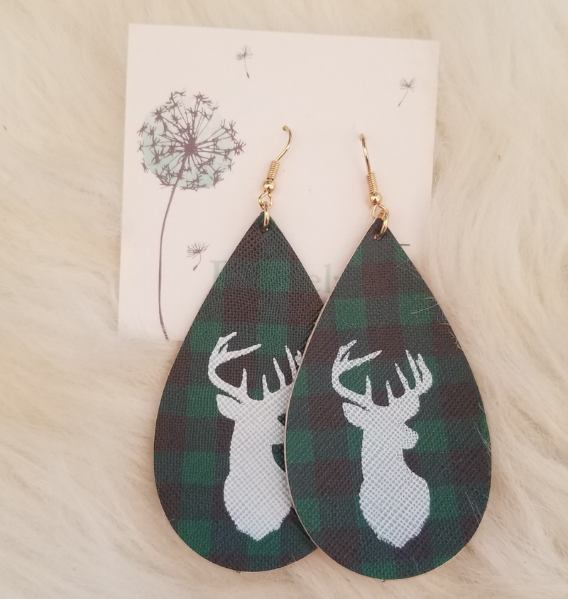 Green and Black Plaid Reindeer Earrings