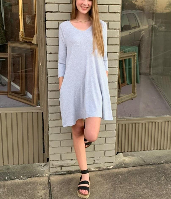 Heather Gray 3/4 Sleeve V-neck Dress