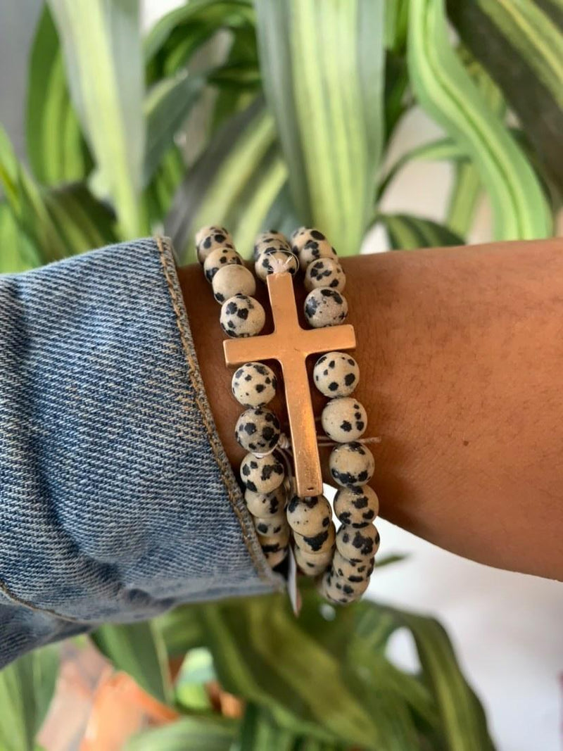 Speckled Beads and Cross Stretch Bracelet