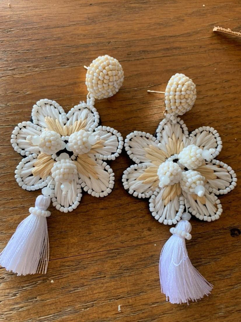 White Flower Seed Bead  Earrings