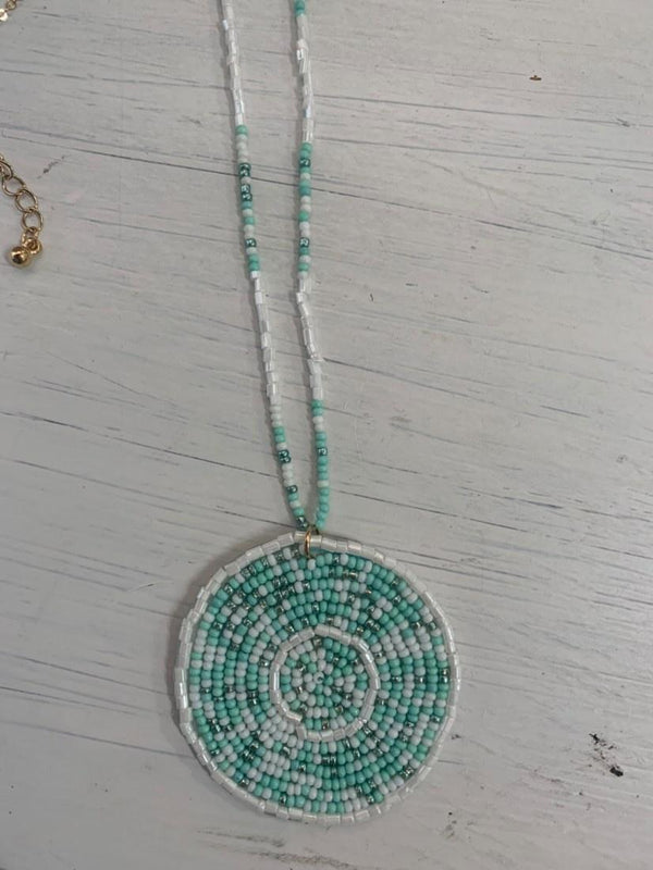 Turquoise And White Seed Bead Necklace