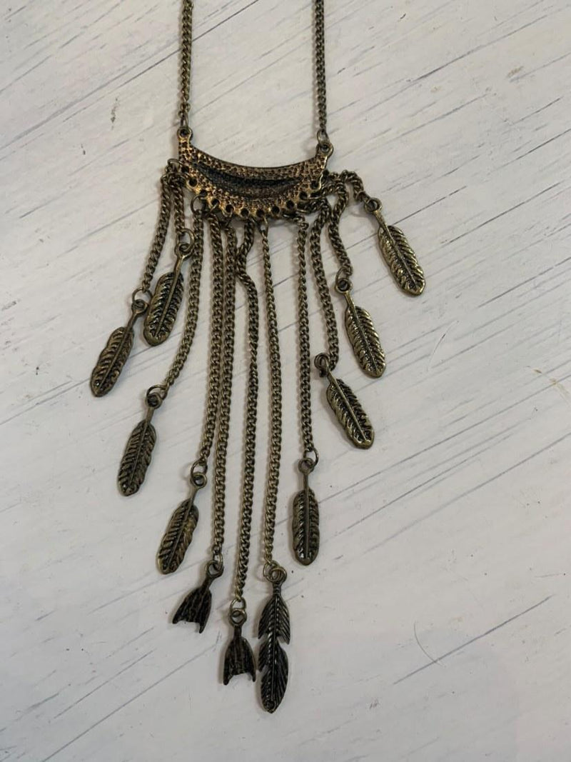 Worn Bronze Dangle Feather Necklace