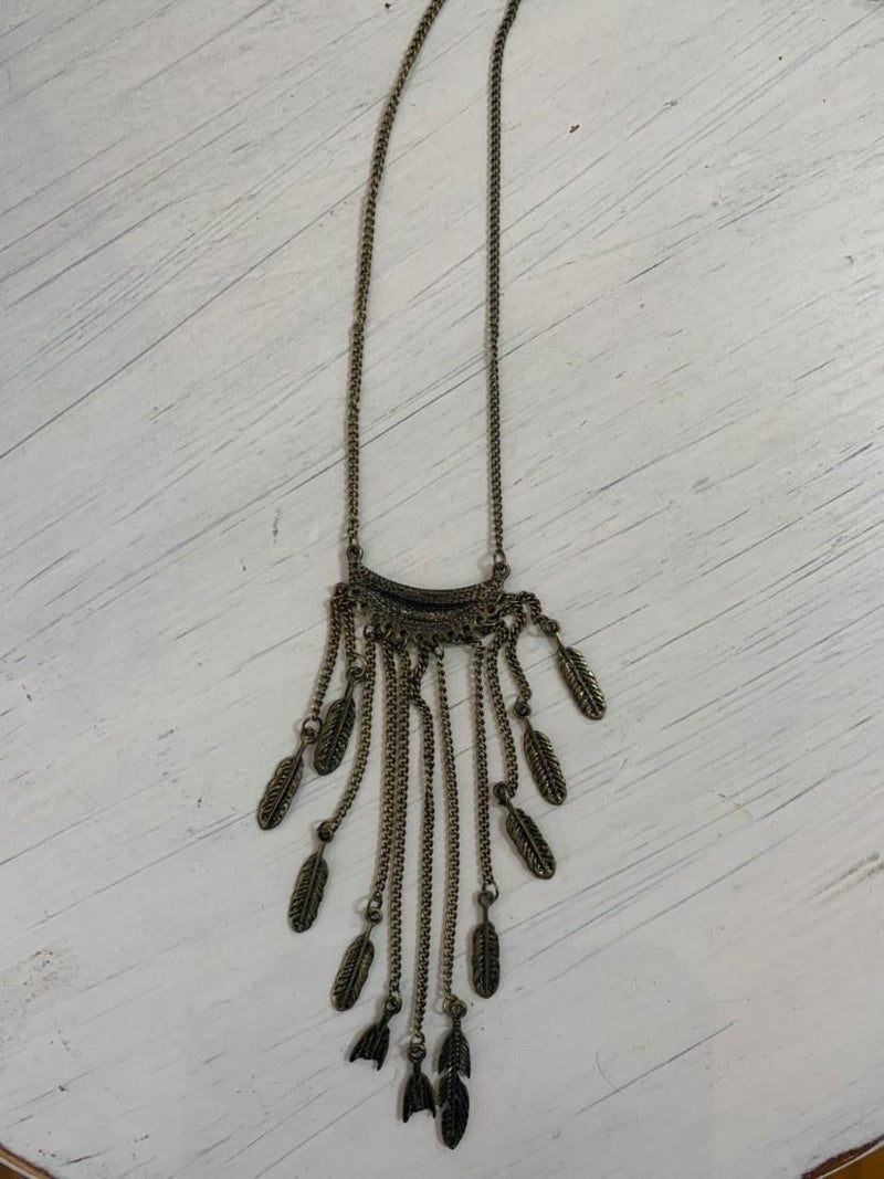 Worn Bronze Dangle Feather Necklace