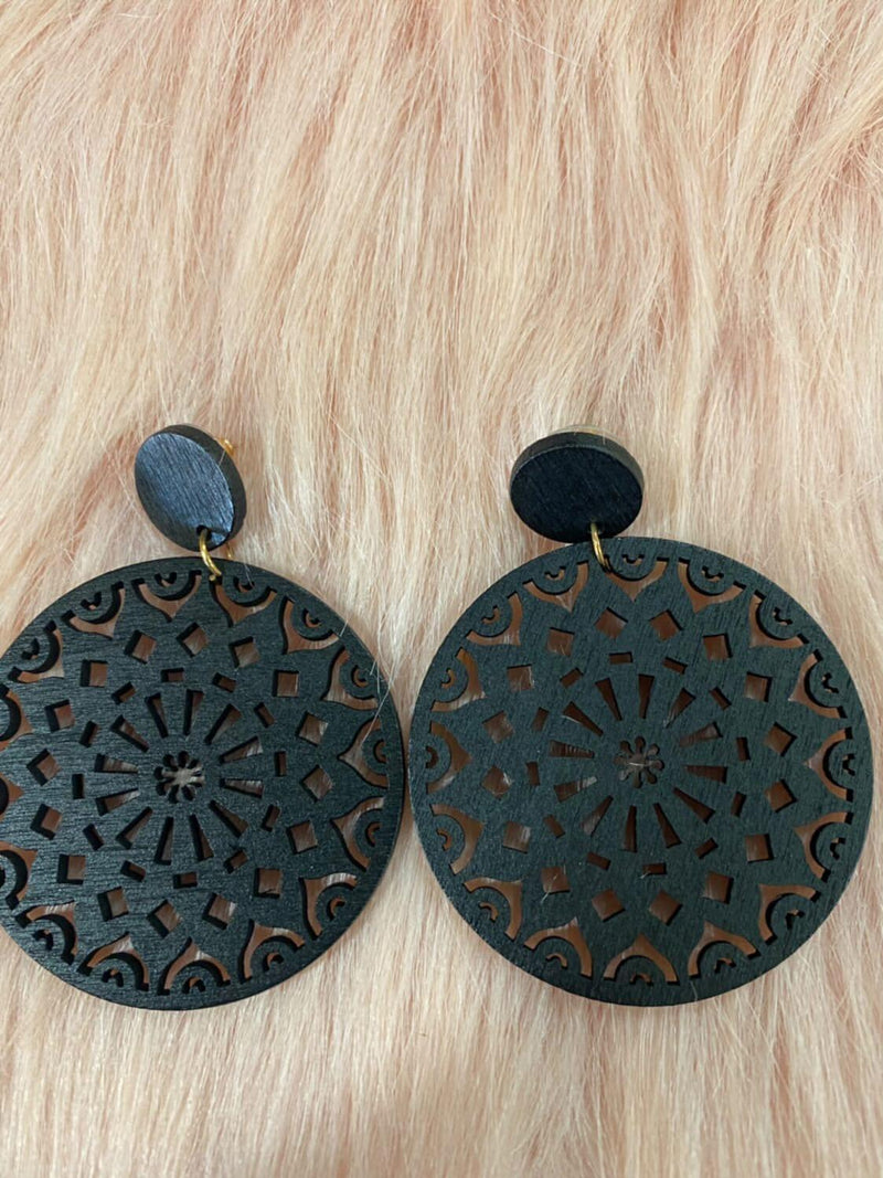Wooden Aztec Print Circular Earrings