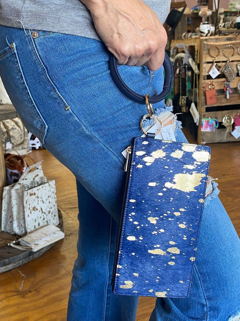 Blue  Hairon Zipper Wallet with Wrist Ring
