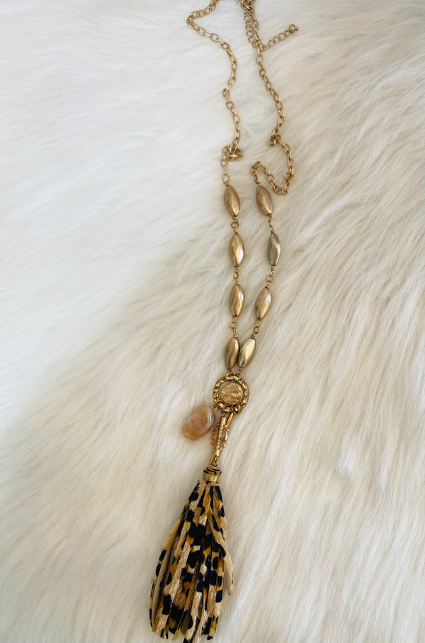 Leopard Tassel Long Necklace Set