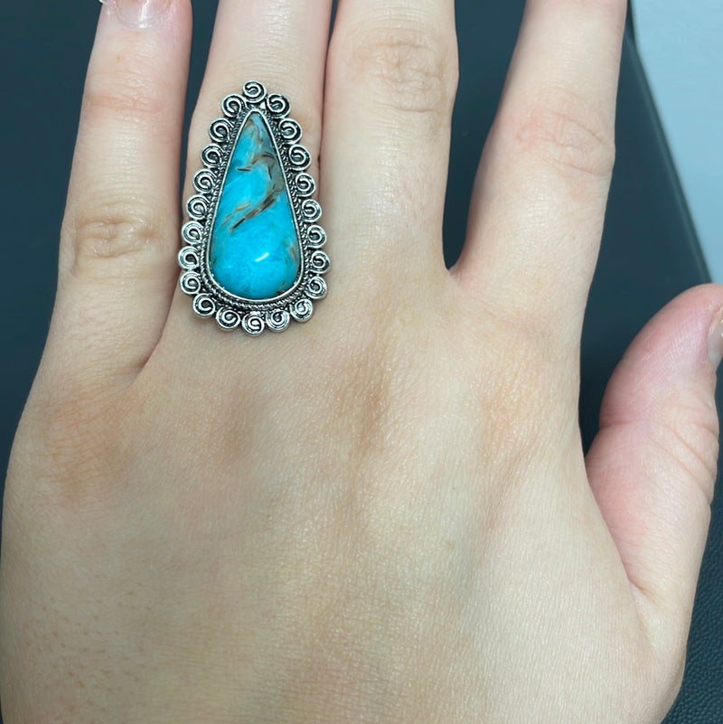 Turquoise Stone Elongated Teardrop Swirl Ring