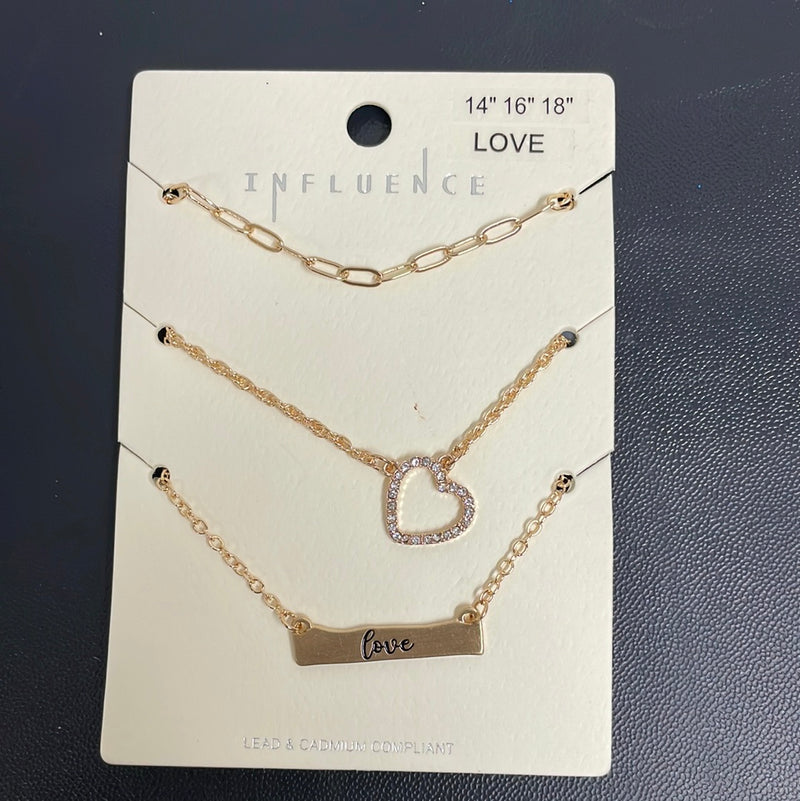 Love Word Bar & Charm Necklace Set