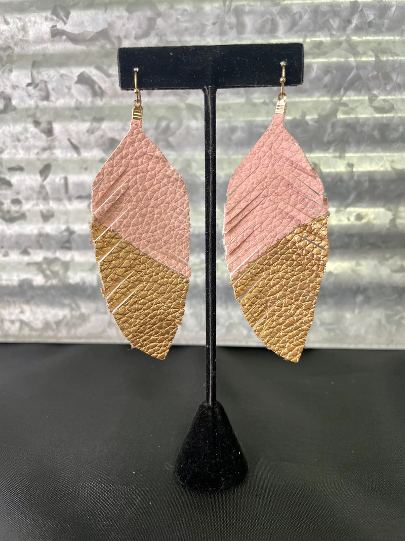 Pink Dipped In Gold Leather Feather Earring