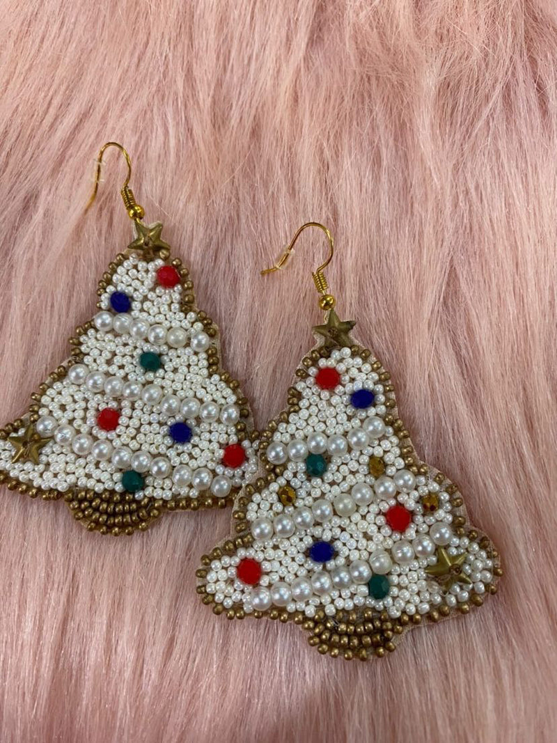White with Color Ornaments Christmas Tree Earrings