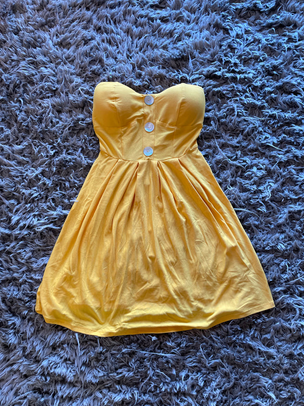 Yellow Strapless Fit and Flare Dress with Button Detail