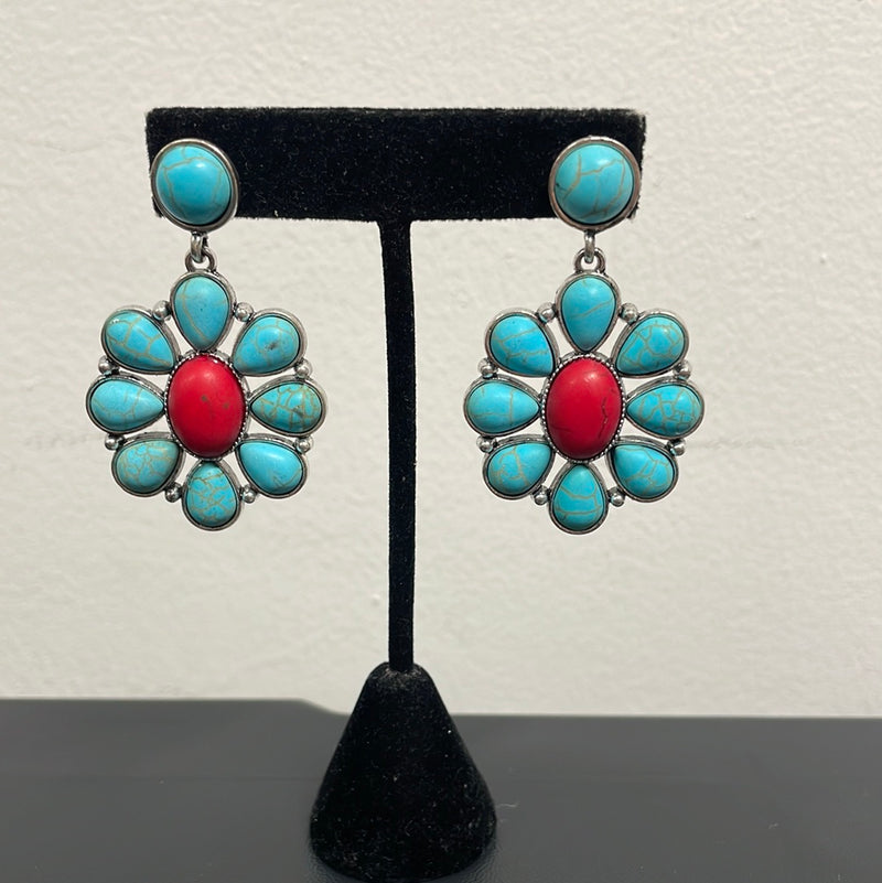 Turquoise Petal Earrings with Red Stone