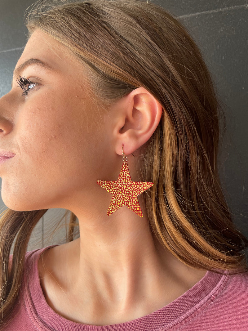 Gold Speckle Red Star Earrings