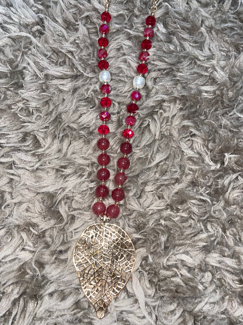 Gold/ Burgundy Leaf Charm Necklace and Earrings