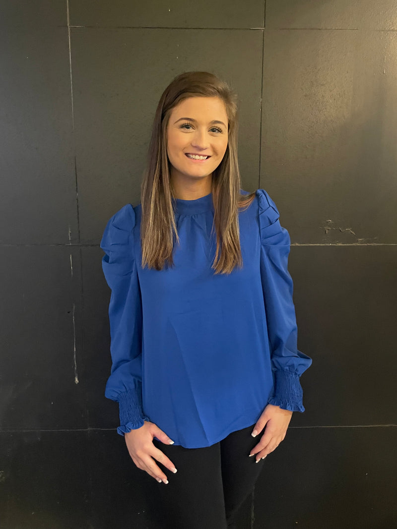 Royal Blue Solid High Neck Ruffle Top