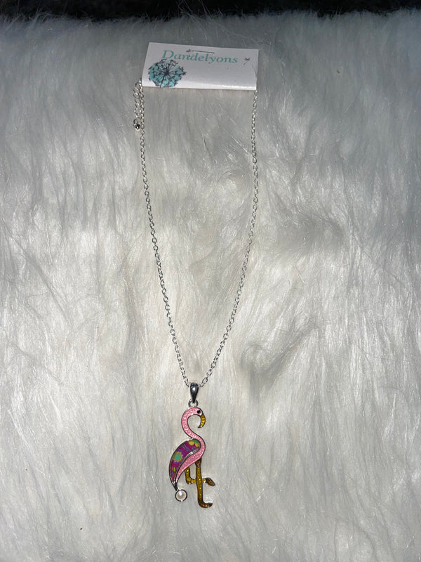 Silver/Multi Tropical Flamingo Epoxy Necklace