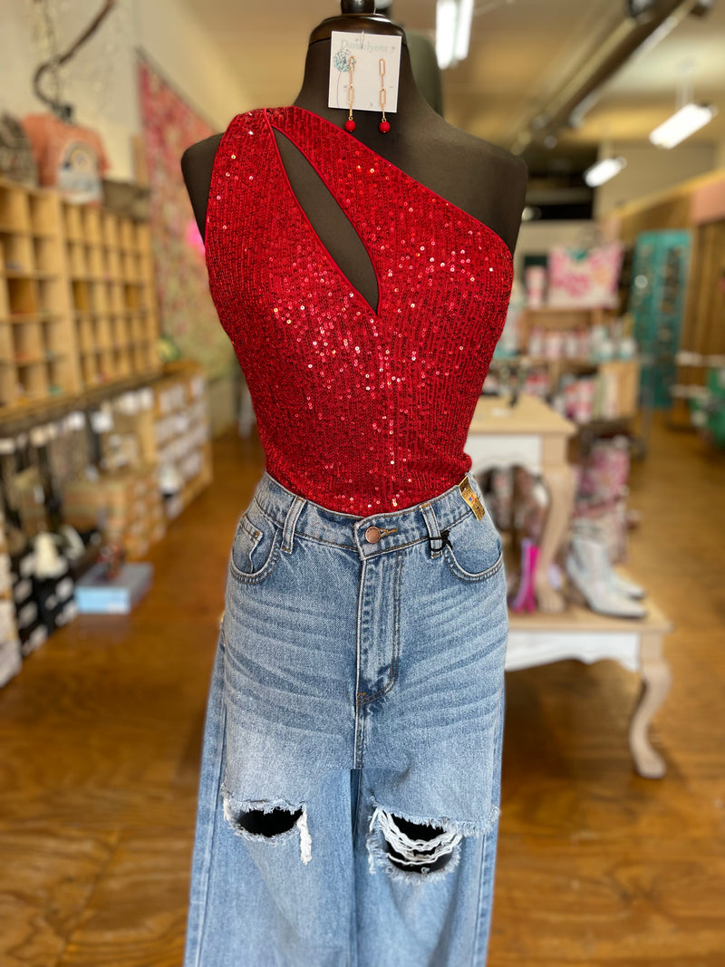 All of the Lights Red Sequin Bodysuit