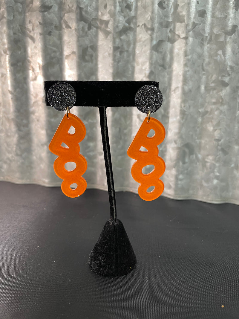 “Boo” Orange Letter Glitter Earrings
