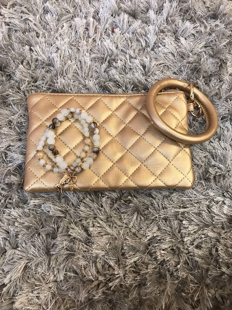 Gold Quilted Zipper Wallet with Wrist Ring