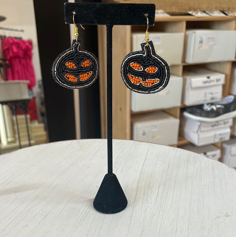 Black and Orange Beaded Jack-O-Lantern Earrings