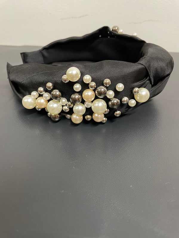 Black Cloth Knotted Headband with Pearls