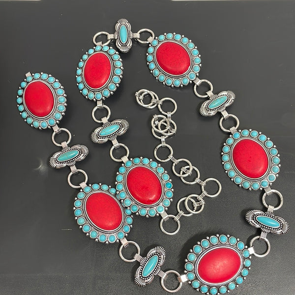 Turquoise Chain Belt with Red Accent